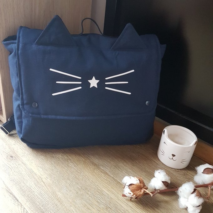 Cartable maternelle chat bleu marine et blanc