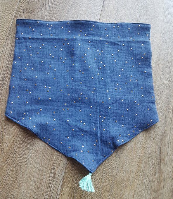 Snood chèche enfant gaze de coton bleu à pois dorés 