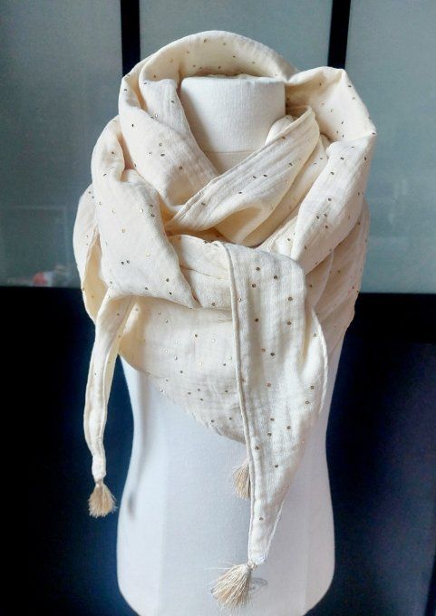 Foulard chèche  écru pois doré