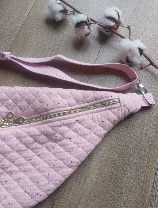 Sac banane en gaze de coton pois doré rose 2 tailles