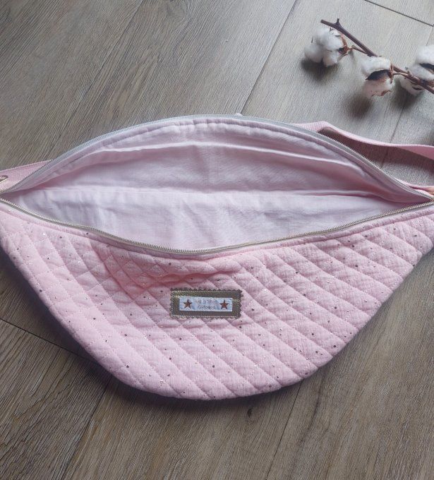 Sac banane en gaze de coton pois doré rose 2 tailles