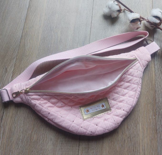 Sac banane en gaze de coton pois doré rose 2 tailles
