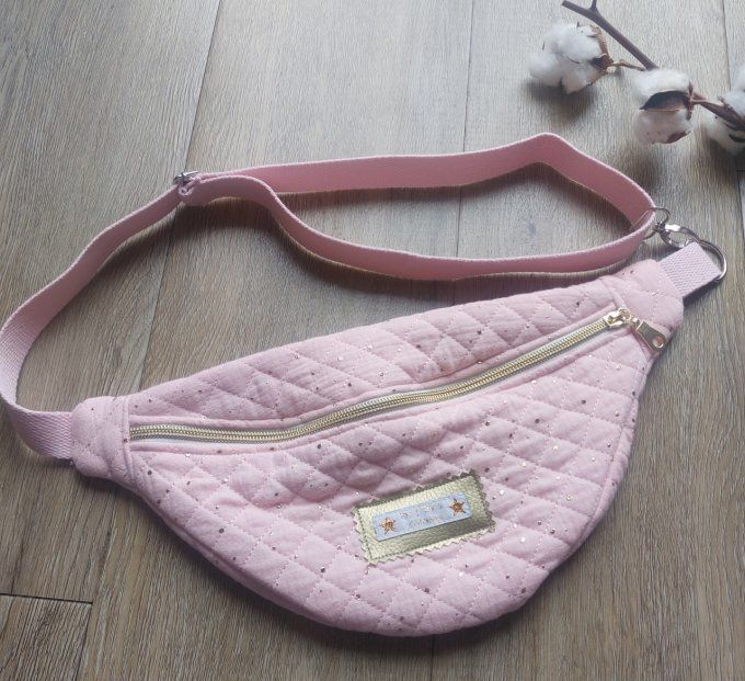 Sac banane en gaze de coton pois doré rose 2 tailles