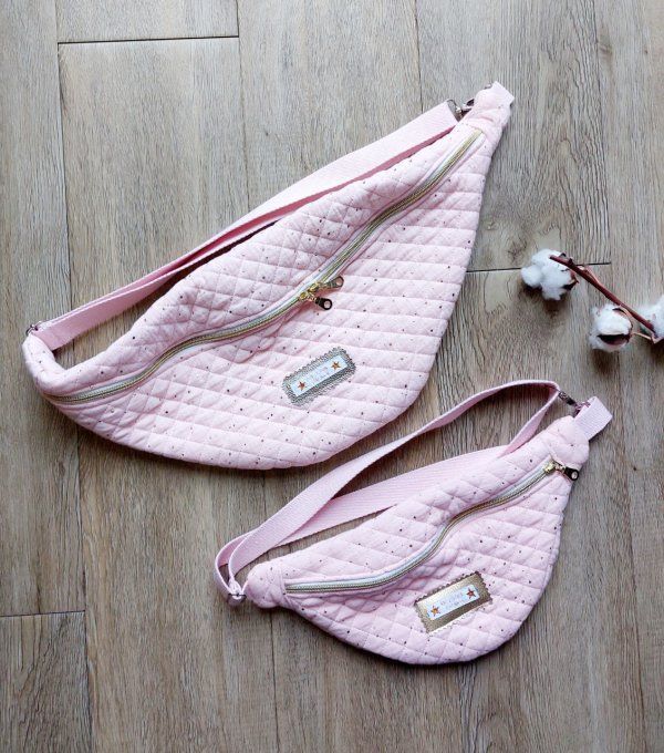 Sac banane en gaze de coton pois doré rose 2 tailles