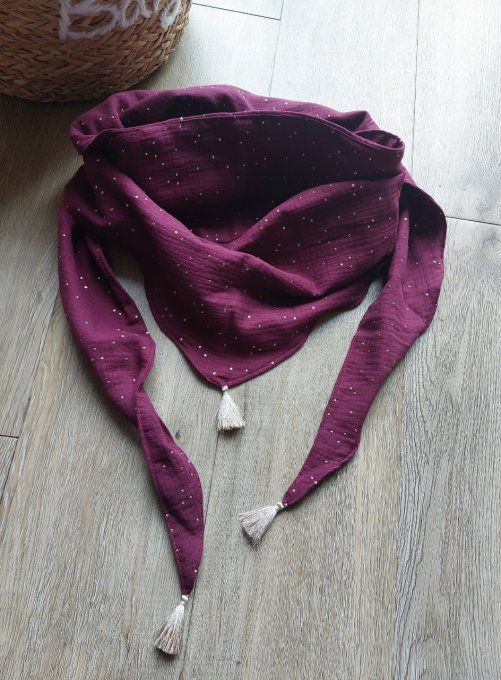 Foulard chèche aubergine à pois doré