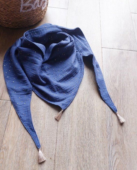 Foulard chèche indigo à pois doré