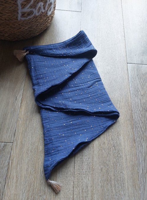 Foulard chèche indigo à pois doré