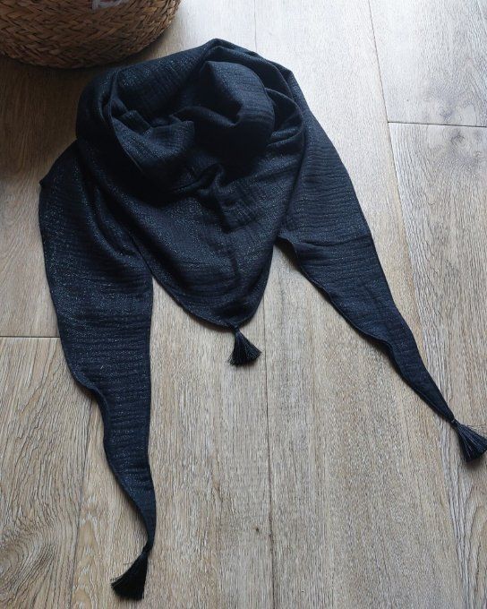 Foulard chèche noir irisé argent gaze de coton