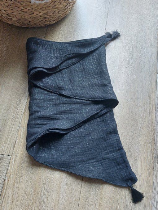 Foulard chèche noir irisé argent gaze de coton
