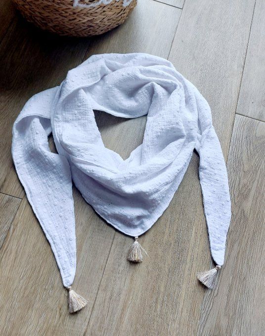 Foulard chèche blanc gaze de coton broderie anglaise