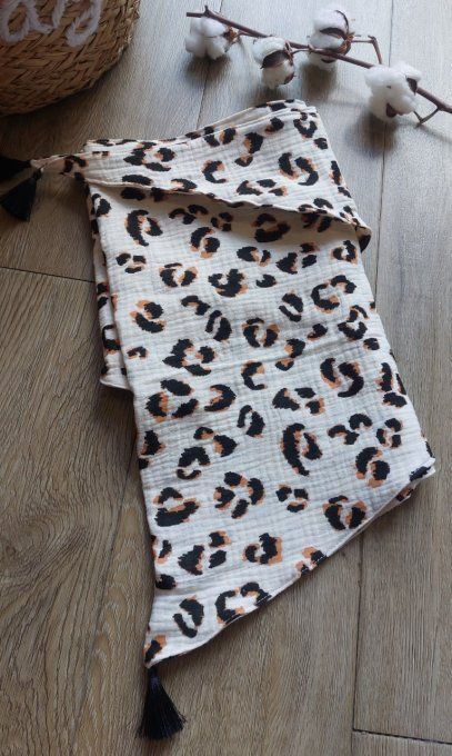 Foulard chèche gaze de coton écru  léopard