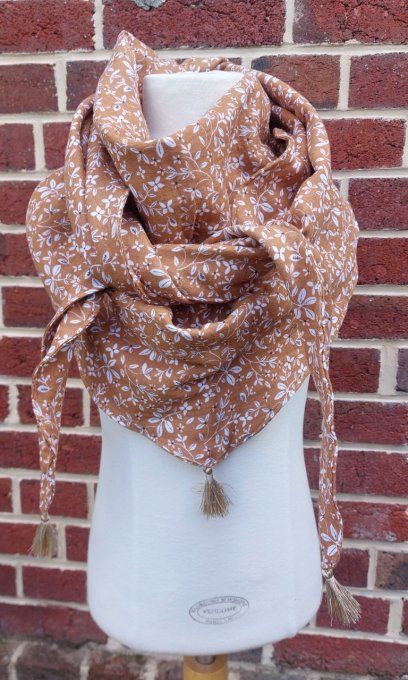 Foulard chèche gaze de coton Camel imprimé fleuri