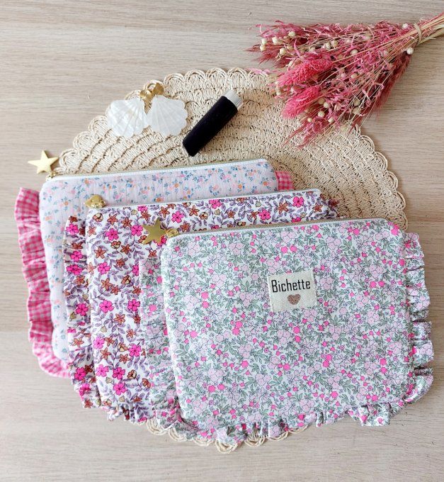 Trousses Froufrou fleuri fluo rose