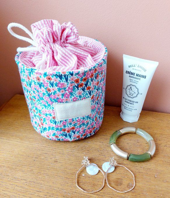 Panier pochon trousse rond fleuri rose fuschia