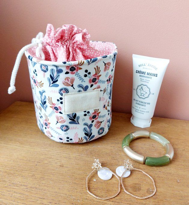 Panier pochon trousse rond fleuri bleu et corail
