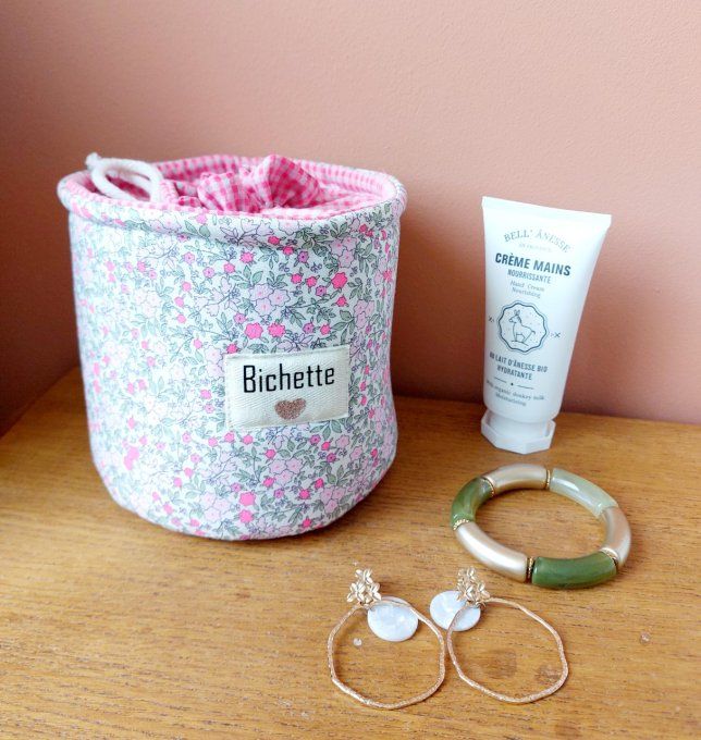 Panier pochon trousse rond fleuri fluo rose