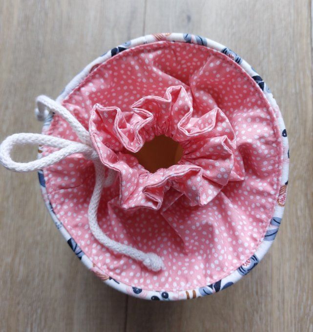 Panier pochon trousse rond fleuri bleu et corail