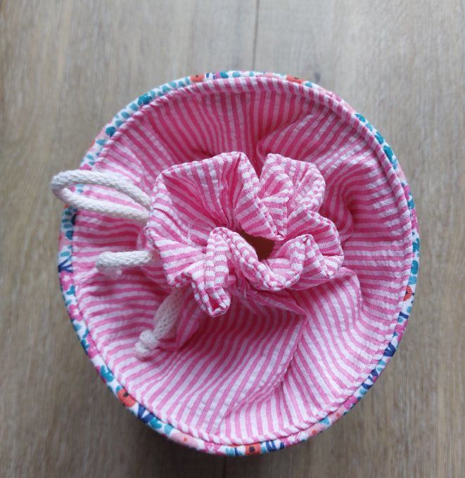 Panier pochon trousse rond personnalisable fleuri rose fuschia