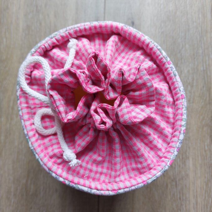 Panier pochon trousse rond fleuri fluo rose