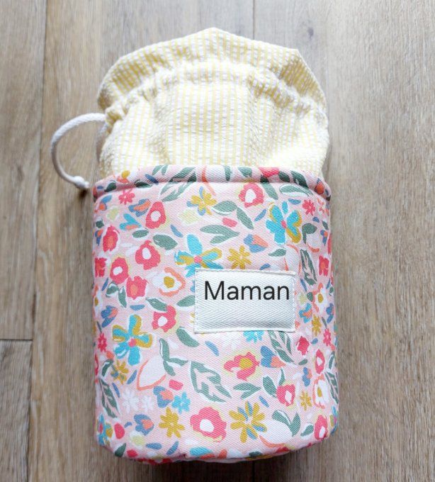 Panier pochon trousse rond fleuri corail et jaune