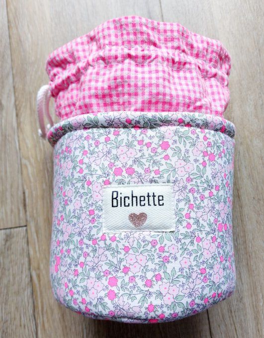 Panier pochon trousse rond fleuri fluo rose