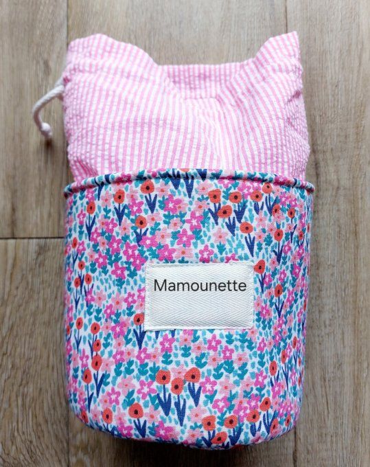 Panier pochon trousse rond personnalisable fleuri rose fuschia