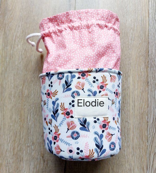 Panier pochon trousse rond fleuri bleu et corail