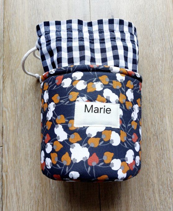 Panier pochon trousse rond fleuri noir