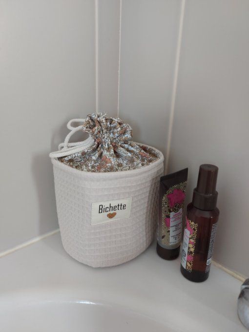 Panier pochon trousse rond personnalisable nid d'abeille et fleuri moka