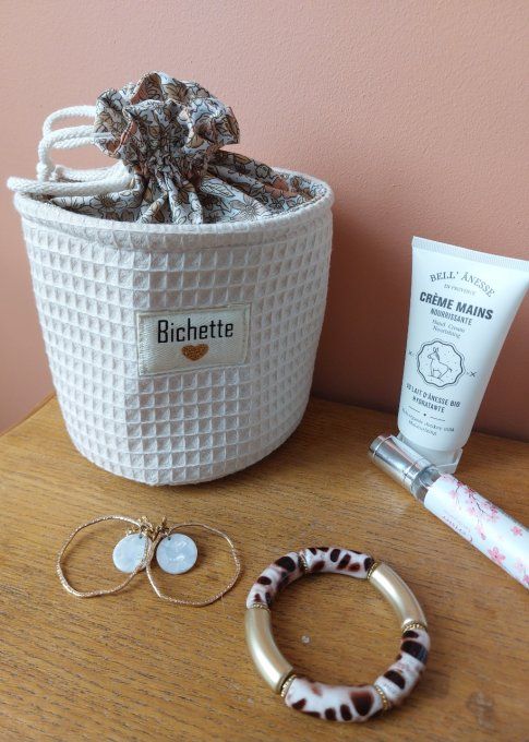 Panier pochon trousse rond personnalisable nid d'abeille et fleuri moka