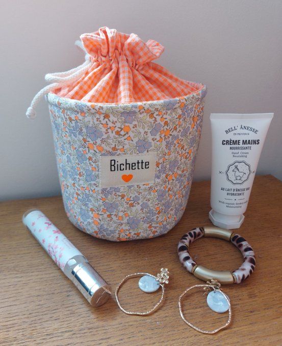 Panier pochon trousse rond personnalisable fleuri orange fluo
