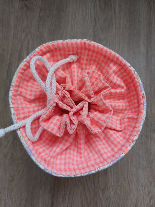 Panier pochon trousse rond personnalisable fleuri orange fluo