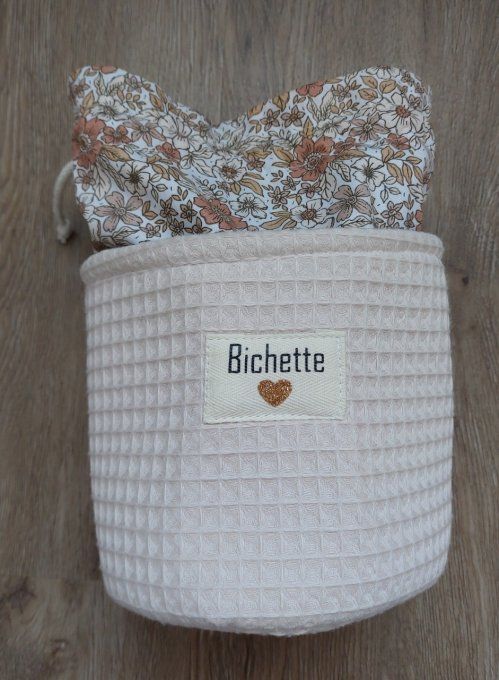 Panier pochon trousse rond personnalisable nid d'abeille et fleuri moka