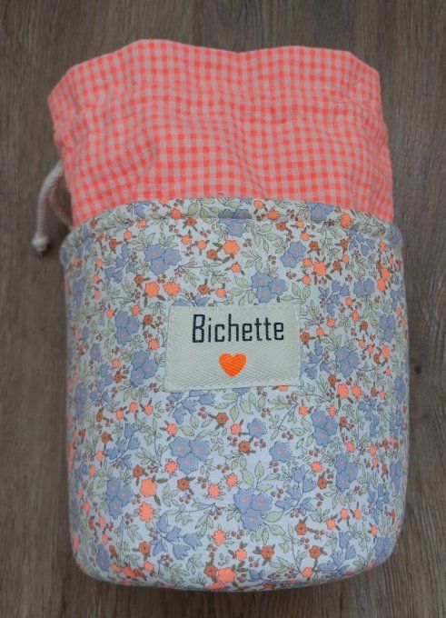 Panier pochon trousse rond personnalisable fleuri orange fluo