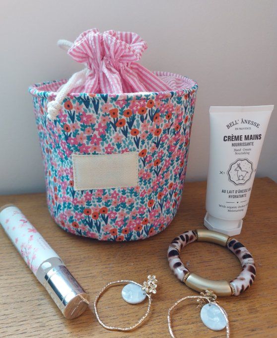 Panier pochon trousse rond personnalisable fleuri rose fuschia