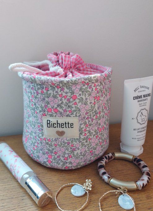 Panier pochon trousse rond personnalisable fleuri fluo rose